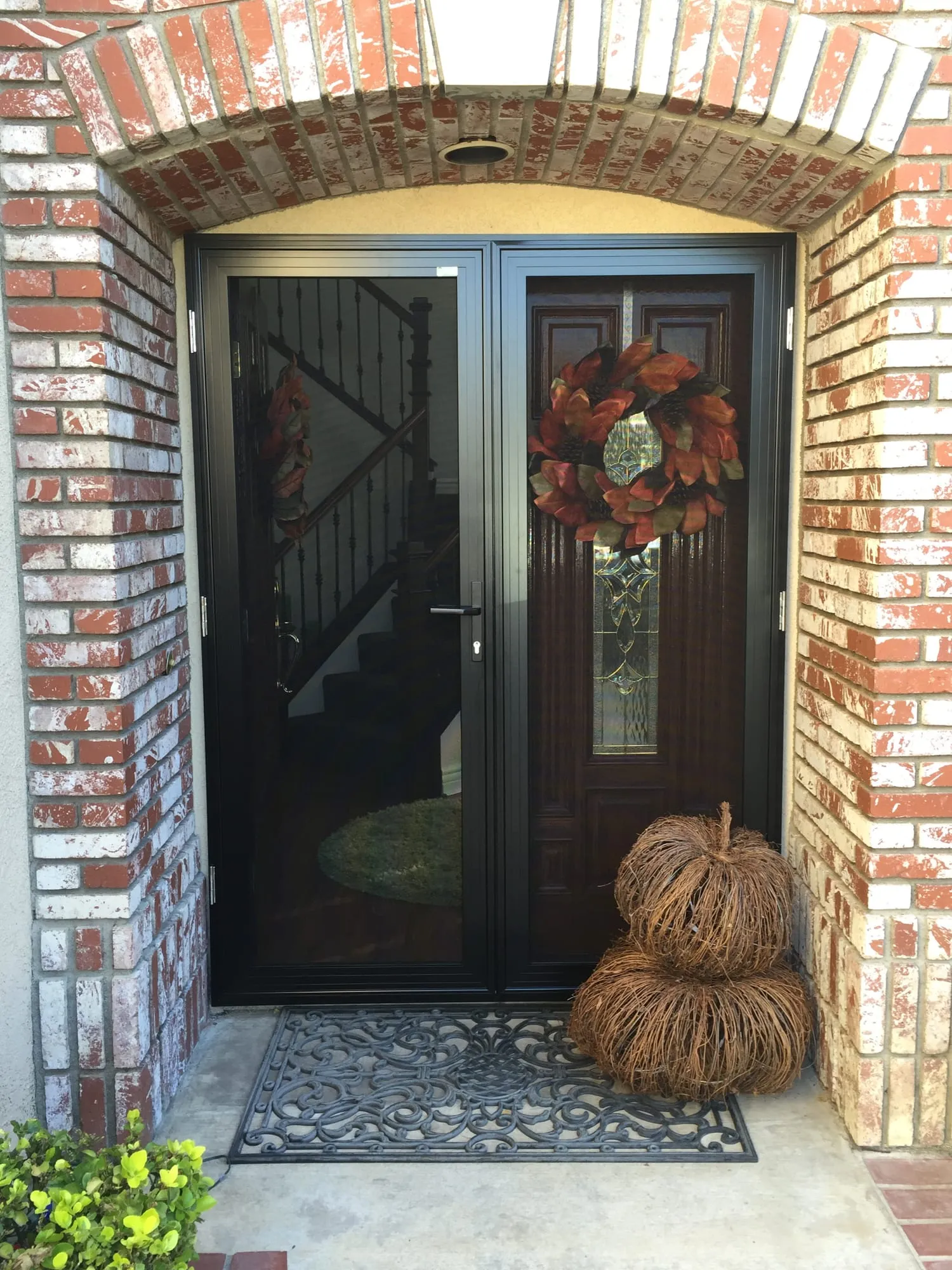 A pair of black-framed Daylight Steel security screen doors on a brick-arched entry - the staircase inside is clearly visible through the mesh
