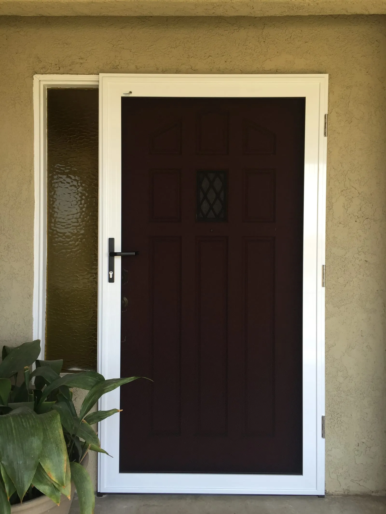 White-framed Daylight Steel hinged security screen door installed over a dark front door